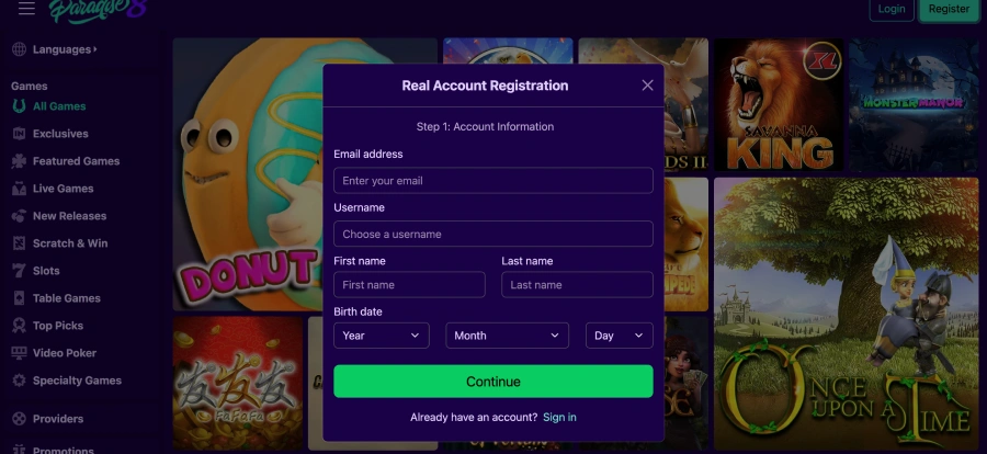 Registro rápido en Paradise 8 Casino